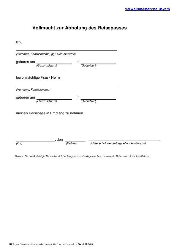 Vollmacht Abholung Reisepass