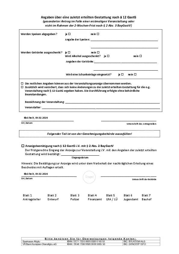 Formular zur Anzeige einer Gestattung zu wiederholenden Veranstaltungen