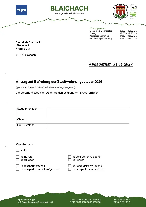 Antrag auf Befreiung Zweitwohnungssteuer