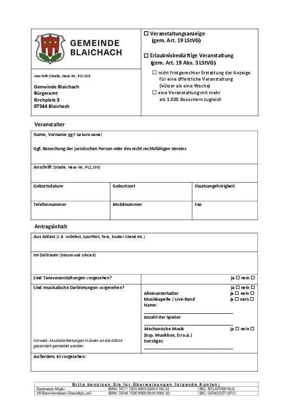 Anzeige öffentlicher Vergnügung nach Art. 19 LStVG