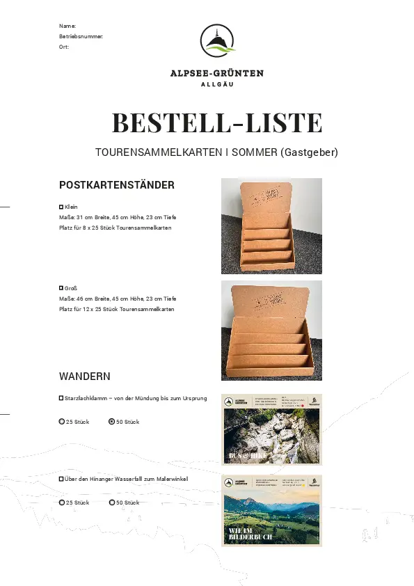 Bestellliste Tourensammelkarten Sommer