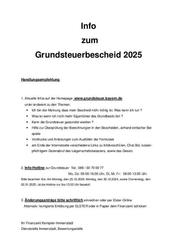 Infoschreiben zum Grundsteuerbescheid