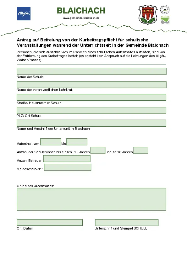 Befreiungsformular Kurbeitrag schulischer Aufenthalt