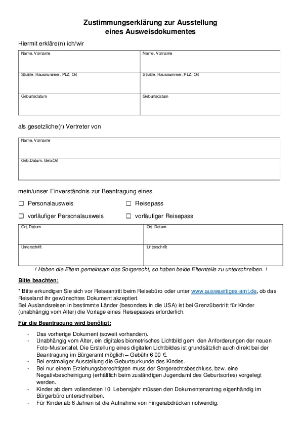 Zustimmungserklärung zur Ausstellung eines Ausweisdokumentes