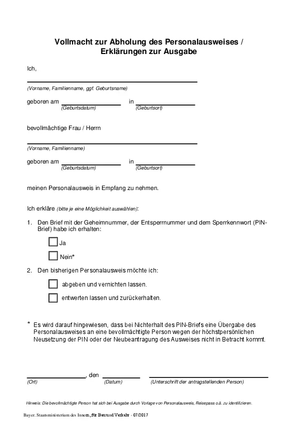 Vollmacht Abholung Personalausweis