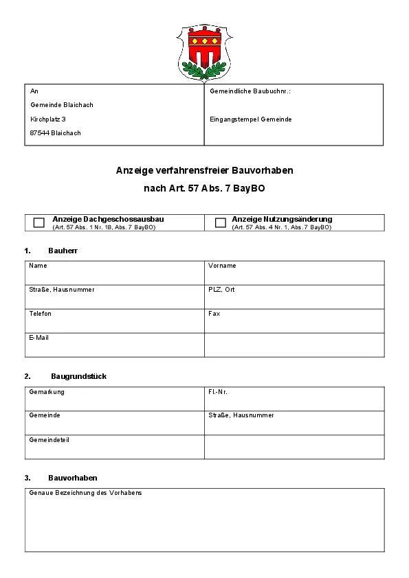 Anzeige verfahrensfreier Bauvorhaben