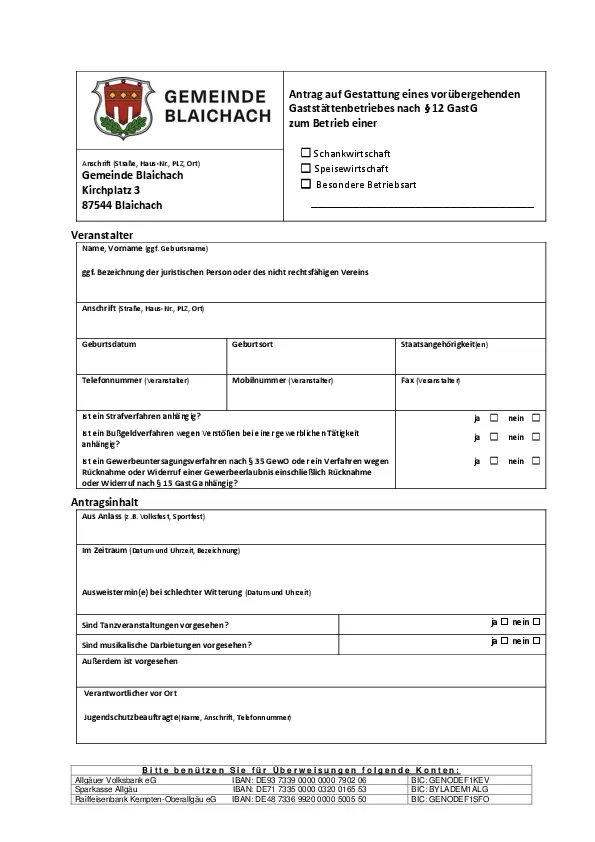 Gestattung eines vorübergehenden Gaststättenbetriebes nach § 12 GastG