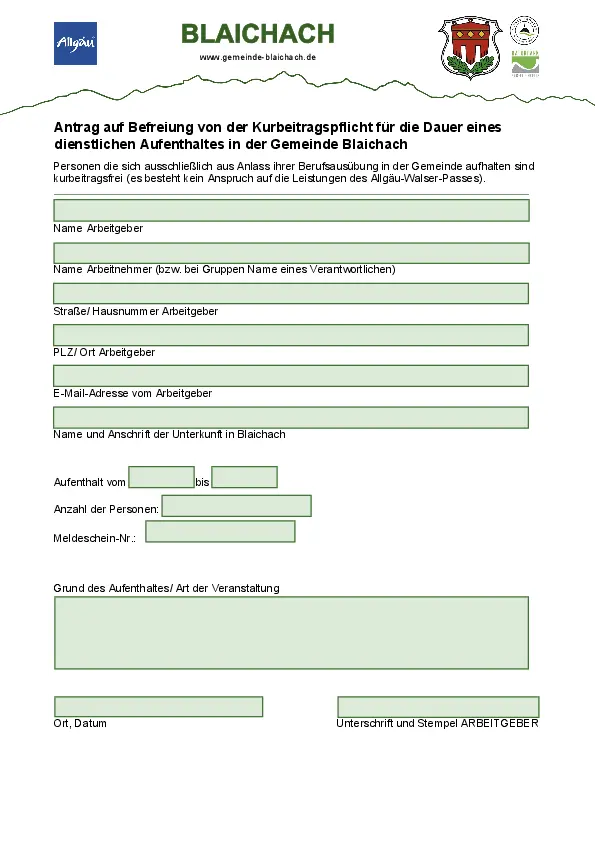 Befreiungsformular Kurbeitrag Geschäftsreisende