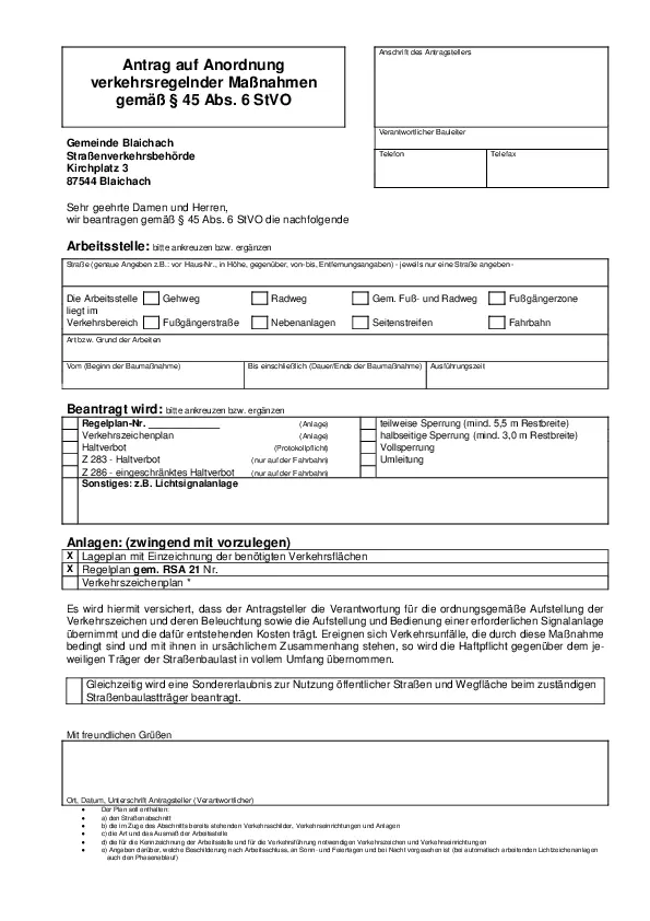 Antrag verkehrsrechtliche Anordnung