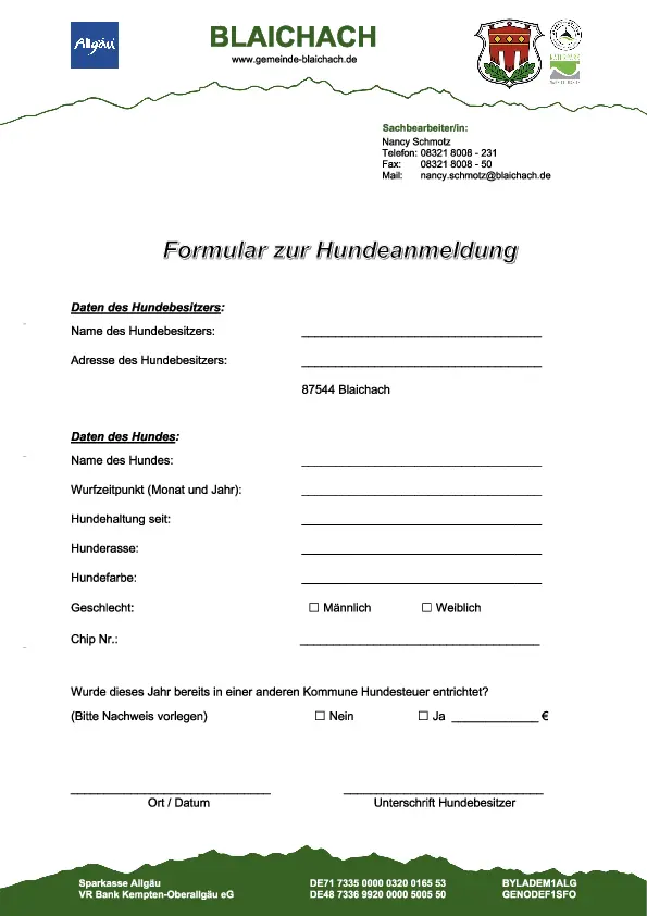 Hundeanmeldung Formular