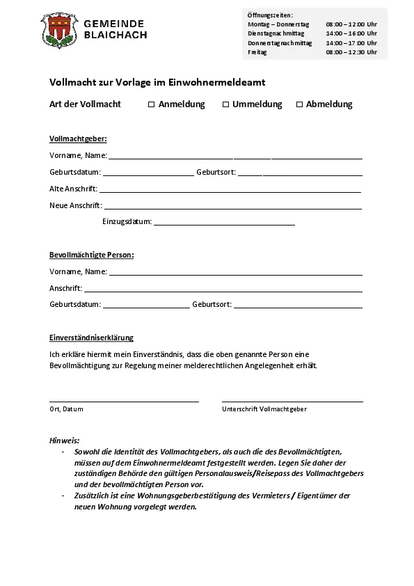 Vollmacht zur Wohnsitzänderung