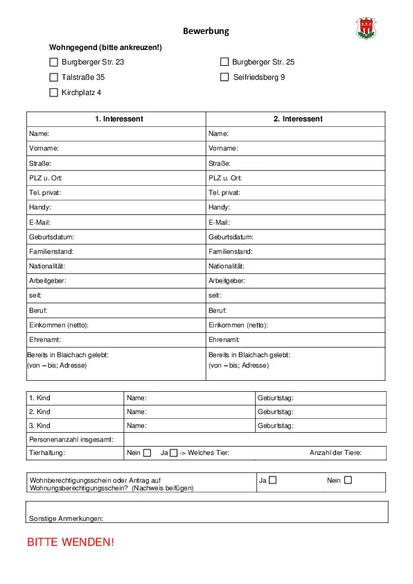 Bewerbungsbogen Wohnungen