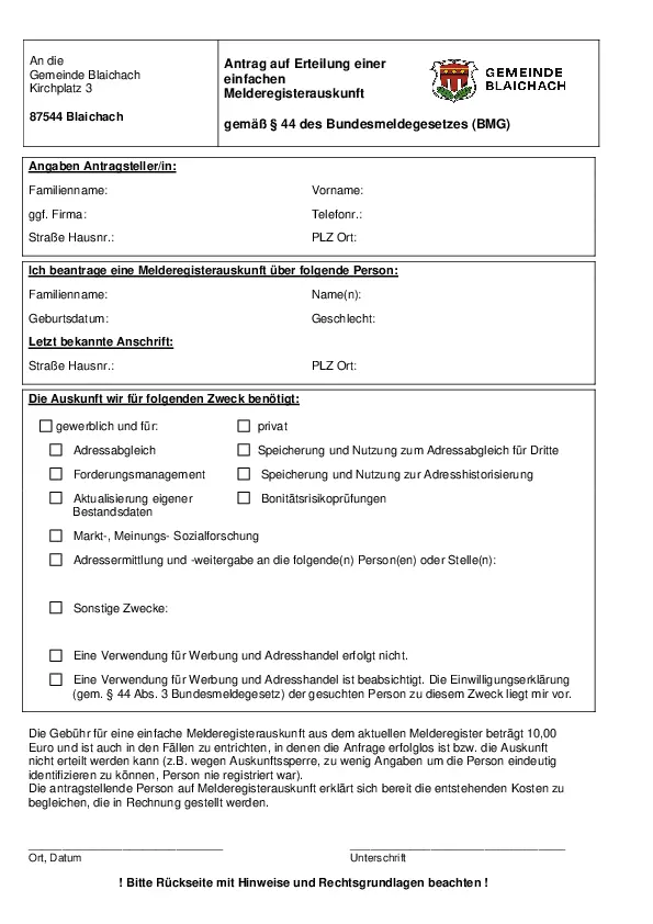 Antrag zur Melderegisterauskunft